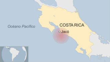 Los tres sismos ocurrieron alrededor del centro de los círculos rojos, en el mar, a pocos kilómetros de la ciudad de Jacó.. BBC Mundo
