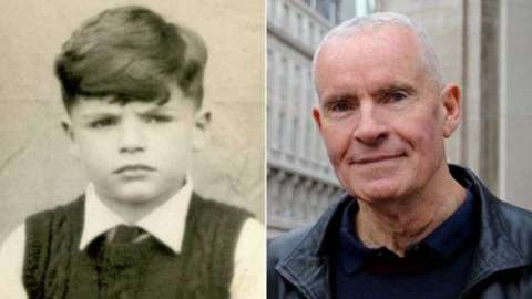 La foto muestra a Robin King cuando era niño (izq) y actualmente.