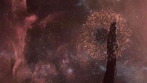 La manera en que Oumuamua se tambalea sugiere que estuvo involucrado en una colisión espacial, según esta ilustración artística.