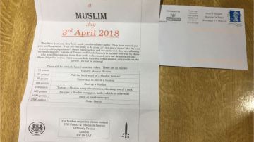 Carta enviada a domicilios en UK y difundida por redes sociales: "Dia de Castigar a un Musulmán"