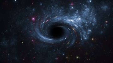 Recreación de un agujero negro rodeado de astros luminosos.