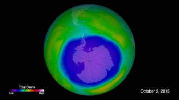 La capa de ozono en la Antártica en octubre de 2015.