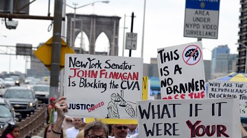 Almost 100 people march across the Brooklyn Bridge to tell Albany legislators to pass the Child Victims Act that would eliminate the statute of limitations on how long survivors can seek justice on Sunday, June 4, 2017.  (Photo by Jefferson Siegel/NY Daily News via Getty Images)