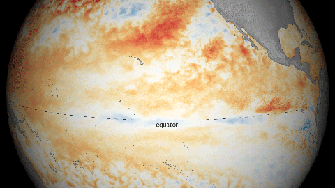 Cambio de temperatura por La Niña, de agosto de 2017 a abril de 2018.