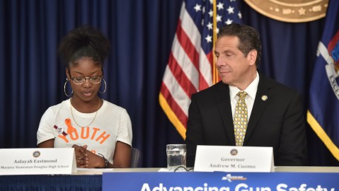 June 5, 2018--New York City-- Governor Andrew M. Cuomo today announced an extreme risk protection order law that would prevent individuals determined by a court to be likely to engage in conduct that would result in serious harm to themselves or others from purchasing, possessing, or attempting to purchase or possess any type of firearm, including hand guns, rifles, or shotguns. Building on New York's already strongest in the nation gun laws, this legislation, which builds on prior legislative efforts, would make New York the first state in the nation to empower its teachers and school administrators to prevent school shootings by pursuing court intervention. Joining Governor Cuomo at this announcement is Aalayah Eastmond, a student at Marjory Stoneman Douglas High School in Parkland, FL, who survived a mass shooting earlier this year. (Kevin P. Coughlin/Office of Governor Andrew M. Cuomo)
