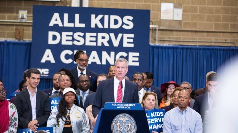 New York City Mayor Bill de Blasio makes an education announcement regarding specialized high school at J.H.S. 292 in Brooklyn, New York on Sunday, June 03, 2018.
CREDIT: Benjamin Kanter/Mayoral Photo Office