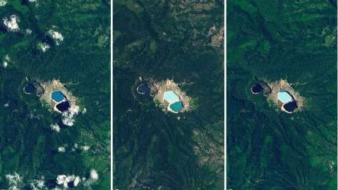 Las imágenes muestran los diferentes colores de los lagos del cráter en tres días diferentes,
