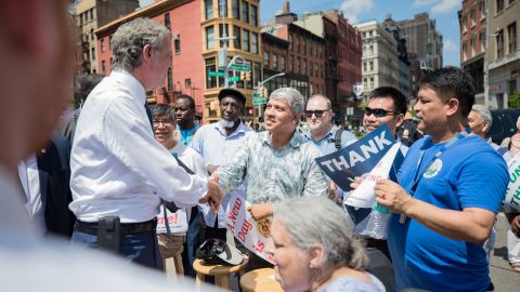 New York City Mayor Bill de Blasio and City Council Speaker Corey Johnson join a rally celebrating the passage of for-hire vehicle legislation in Union Square in the Manhattan Borough of New York City on Thursday, August 9, 2018. CREDIT: Benjamin Kanter/Mayoral Photo Office Also present were Council Member Ydanis Rodriguez, Council Member Stephen Levin, Council Member Carlina Rivera, TLC Commissioner Meera Joshi, 32BJ President Hector Figueroa, and Bhairavi Desai, Executive Director of the New York Taxi Workers Alliance.