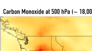 Humo y monóxido de carbono de los incendios en California (amarillo y naranja)