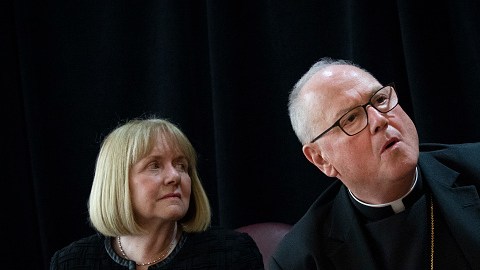 NEW YORK, NY - SEPTEMBER 20: Former federal judge Barbara Jones and Cardinal Timothy Dolan, archbishop of New York, attend a news conference at the headquarters of the Archdiocese of New York, September 20, 2018 in New York City. Dolan announced that he is appointing Jones, a former judge for the U.S. District Court in the Southern District of New York, to review the Church's procedures and protocols for handling allegations of sexual abuse. (Photo by Drew Angerer/Getty Images)
