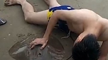 Los bomberos, finalmente, lograron liberar al hombre de la mantarraya.