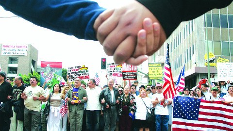 LOS ANGELES - MARCH 25:  Thousands of immigrants march on the streets of downtown Los Angeles in support of immigrant rights.  (Photo by J. Emilio Flores/Getty Images)
