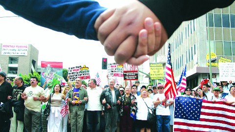 LOS ANGELES - MARCH 25:  Thousands of immigrants march on the streets of downtown Los Angeles in support of immigrant rights.  (Photo by J. Emilio Flores/Getty Images)