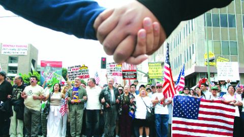 LOS ANGELES - MARCH 25:  Thousands of immigrants march on the streets of downtown Los Angeles in support of immigrant rights.  (Photo by J. Emilio Flores/Getty Images)