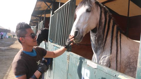 Roberto Flores, un joven poblano que es cuidador de caballos le brinda una muestra de afecto a “Emperador” / foto: Jorge Luis Macías