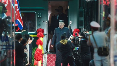 North Korea's leader Kim Jong Un (C) arrives at the Dong Dang railway station in Dong Dang, Lang Son province, on February 26, 2019, to attend the second US-North Korea. - North Korean leader Kim Jong Un crossed into Vietnam on February 26 after a marathon train journey for a second summit showdown with Donald Trump, with the world looking for concrete progress over the North's nuclear programme. (Photo by Nhac NGUYEN / AFP) (Photo credit should read NHAC NGUYEN/AFP/Getty Images)