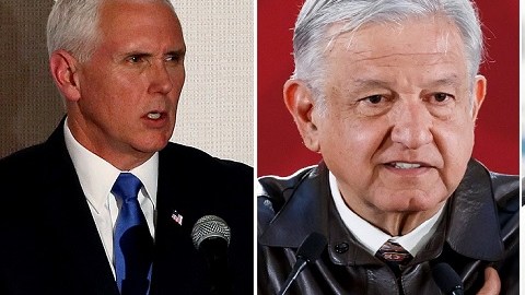 El vicepresidente Mike Pence, el mandatario mexicano López Obradoro y el autonombrado presidente de Venezuela, Juan Guaidó.