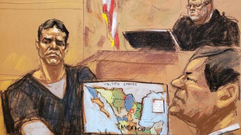 Dibujo de Vicente Zambada y "El Chapo" Guzmán durante el juicio.