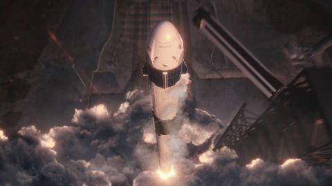 La ilustración muestra la nave espacial Crew Dragon de SpaceX y el lanzamiento del cohete Falcon 9.
