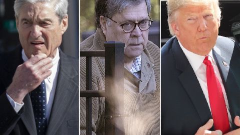 El fiscal especial Robert Mueller, el fiscal general William Barr y el presidente Donald Trump.