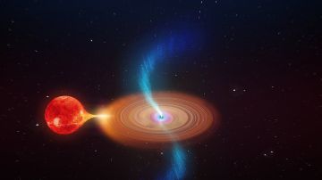 El agujero negro expulsa chorros o "balas" de plasma curvados.