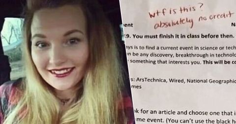Una maestra escribe WTF en el test de un alumno.