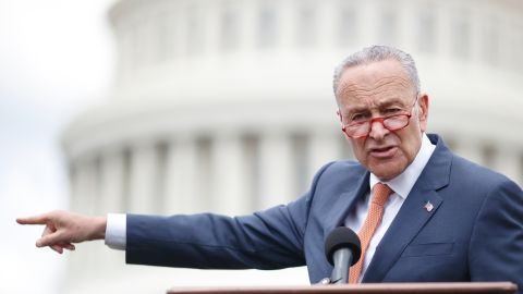 WASHINGTON, DC - JUNE 20: Senate Minority Leader Chuck Schumer (D-N.Y.) delivers remarks during a press conference with Democratic Lawmakers on gun violence along the east front of the U.S. Capitol on June 20, 2019 in Washington, DC. Republicans have blocked the Universal Background Checks bill in the Senate and Democrats are demanding a vote on the bill that would require background checks before almost all gun purchases, including private sales. (Photo by Tom Brenner/Getty Images)