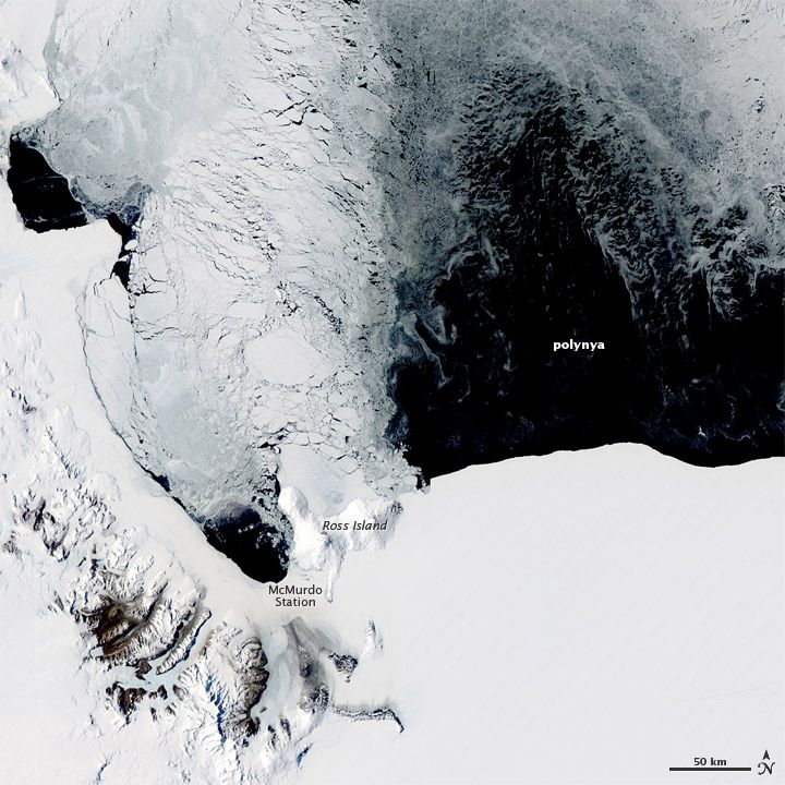 Imagen en color natural de una polinia frente a la costa de la Antártida.