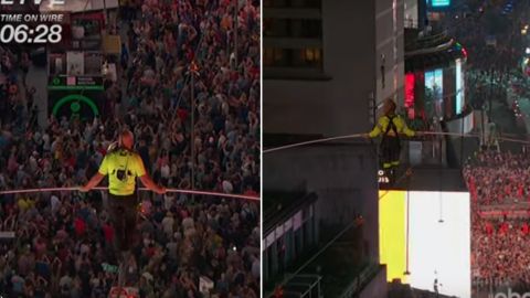 Nik y Lijana Wallenda lograron su hazaña en Times Square.