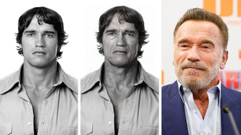 Arnold Schwarzenegger antes de usar la aplicación, después de usarla y como luce en la vida real actualmente.