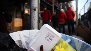 NEW YORK, NY - DECEMBER 19:  A styrofoam take-out container is viewed in a trash can on December 19, 2013 in New York City. New York's City Council will vote Thursday on a bill that would see expanded polystyrene (EPS), or styrofoam, either banned or added to the city's curbside recycling program. The current version of the bill would give the city's sanitation commissioner until Jan. 1, 2015 to decide whether plastic foam is recyclable. The proposed ban has been met with resistance from the American Chemistry Council and Dart Container among other groups.  (Photo by Spencer Platt/Getty Images)