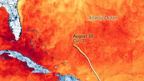 El mapa muestra la temperatura de la ssuperficie del mar el 28 de agosto de 2019. Joshua