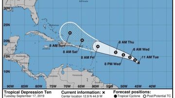 Foto que muestra el pronóstico de 5 días de la décima depresión tropical que se podría convertir en huracán Imelda.