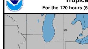 El mapa muestra la fuerza de los vientos de la tormenta Néstor y su posible trayectoria en 5 días.
