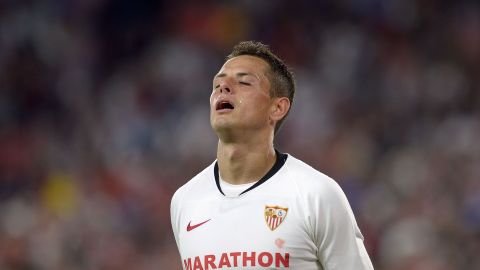 Sevilla's Mexican forward Chicharito celebrates after scoring a goal during the Spanish league football match between Sevilla FC and Getafe CF at the Ramon Sanchez Pizjuan stadium in Seville on October 27, 2019. (Photo by CRISTINA QUICLER / AFP) (Photo by CRISTINA QUICLER/AFP via Getty Images)