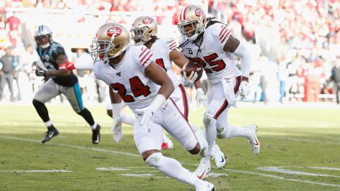 SANTA CLARA, CALIFORNIA - OCTOBER 27: Richard Sherman #25 of the San Francisco 49ers runs the ball back toward the end zone after making an interception in the second half against the Carolina Panthers at Levi's Stadium on October 27, 2019 in Santa Clara, California. (Photo by Lachlan Cunningham/Getty Images)