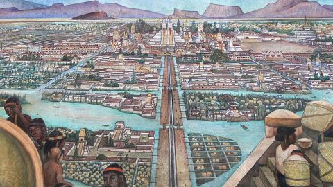 Mural de Diego Rivera que muestra la vida en la época azteca, en la ciudad de Tenochtitlán.