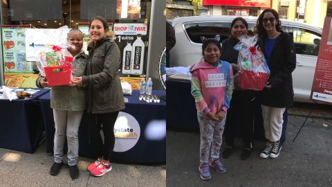 Yolanda Fuentes (izq.) y Leticia Pérez y Liliana, en las fotos durante los eventos de la semana pasada de NY State of Health en Brooklyn.