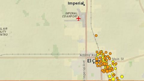 El mapa muestra el enjambre de temblores en los alrededores de El Centro.