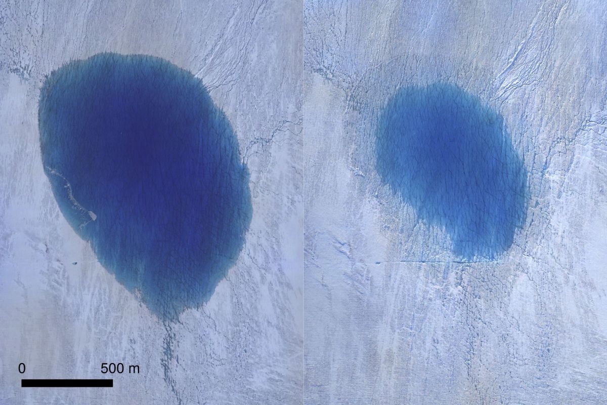 Los drones mostraron las fracturas del hielo y el drenaje del lago en tiempo real.