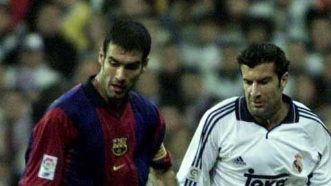 Pep Guardiola y Luis Figo en sus épocas como jugadores.