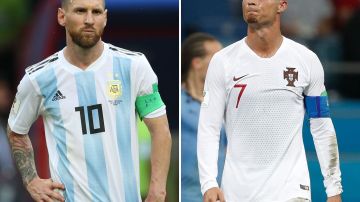 (COMBO) This combination of two files pictures created on June 30, 2018 shows Argentina's forward Lionel Messi (L) in Kazan on June 30, 2018 and Portugal's forward Cristiano Ronaldo in Sochi on June 30, 2018. - Cristiano Ronaldo and Lionel Messi saw their World Cup dreams snuffed out on June 30, 2018. (Photo by Roman KRUCHININ and Adrian DENNIS / AFP)        (Photo credit should read ROMAN KRUCHININ,ADRIAN DENNIS/AFP via Getty Images)