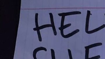 El letrero que llevaba mostrando la niña.