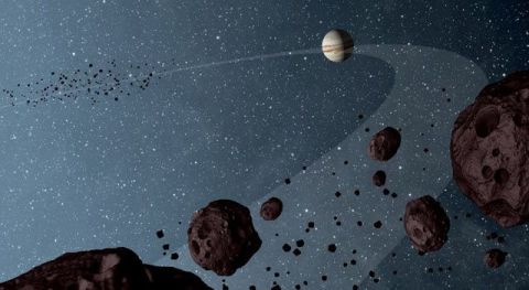 Representación artística de Júpiter y los asteroides troyanos.
