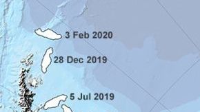 El iceberg gigante A68, que se liberó de la Antártida en 2017,  ahora está en el límite del hielo marino perenne/