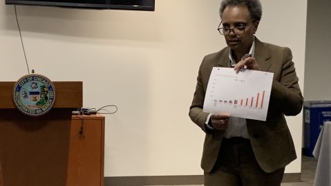 La alcaldesa de Chicago, Lori Lightfoot, presenta estadísticas sobre la epidemia de Covid-19. (La Raza)