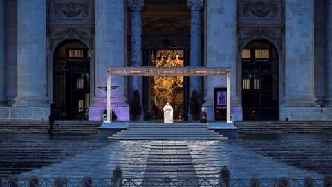 A handout photo made available by Vatican Media shows Pope Francis delivering an extraordinary 'Urbi et Orbi' blessing - normally given only at Christmas and Easter - from an empty St. Peter's Square, as a response to the global coronavirus disease (COVID-19) pandemic, the Vatican, 27 March 2020. The blessing was live streamed worldwide giving the possibility for the faithful connected to receive the plenary indulgence. (Papa) EFE/EPA/VATICAN MEDIA HANDOUT