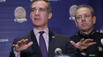 01/28/19 /LOS ANGELES/ Mayor Eric Garcetti joined by LAPD Chief Michel Moore hold the annual end of the year news conference to update crime statistics and initiatives throughout the city.  (Aurelia Ventura/La Opinion)