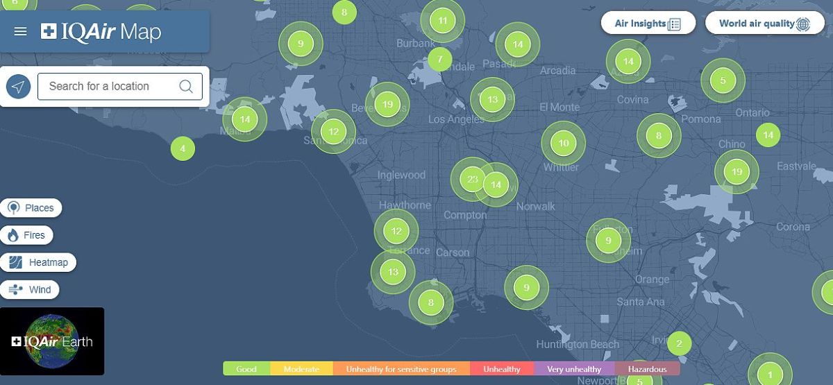 Mapa de la calidad de aire de Los Ángeles el 7 de abril de 2020. Captura de pantalla