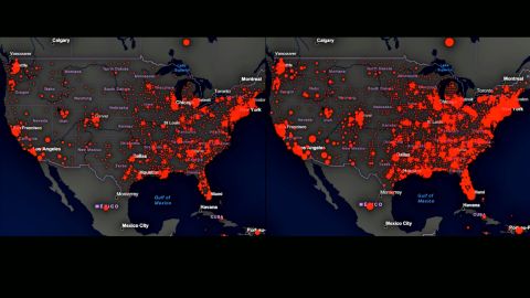 El mapa de la izquierda corresponde al 24 de marzo con alrededor de 55,000 casos. A la derecha los casi 190,000 registrados al 31 de marzo.